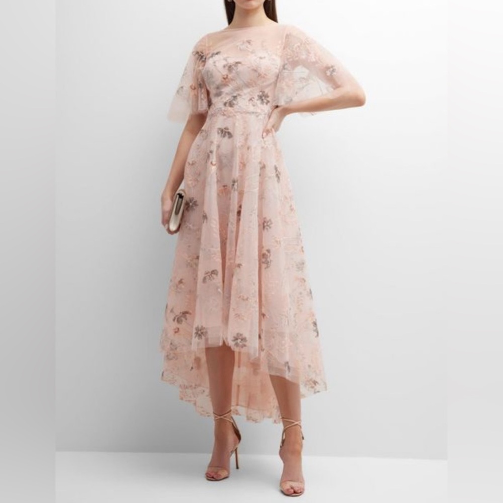 Teri Jon High-Low Floral-Embroidered Tulle Formal Mother of Bride Dress peach 14